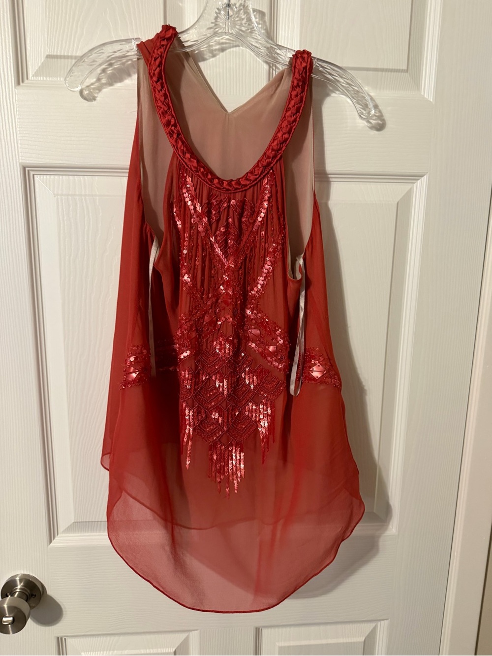 Red Sequin Mesh Cold-Shoulder Women's Top